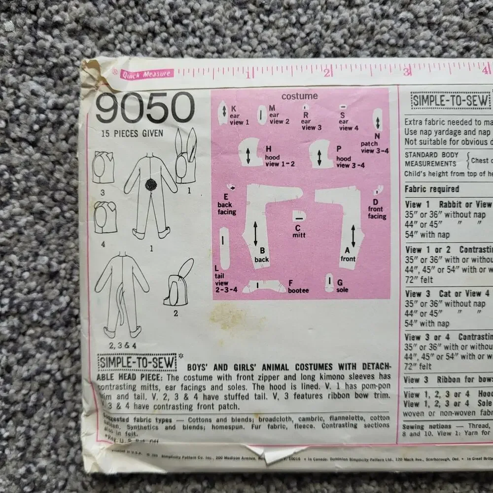VGT Simplicity Sewing Pattern Child's Halloween Costumes SZ 10 Bunny Lamb Kitten